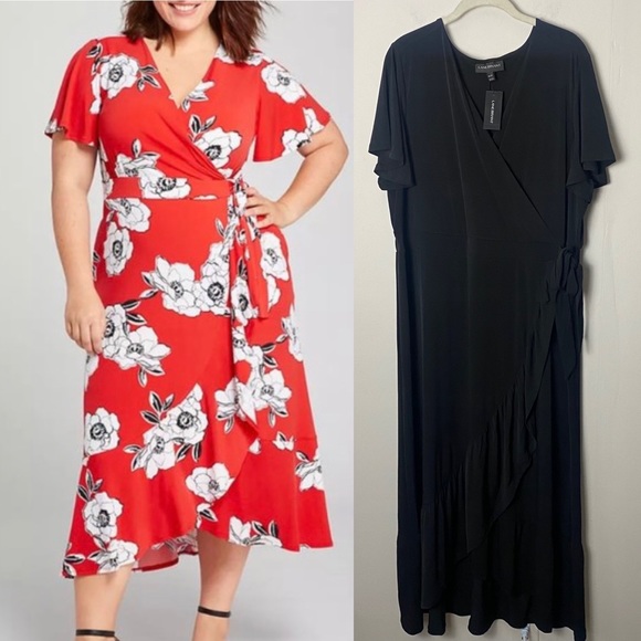 NWT Lane Bryant Soft Stretch Jersey Knit Faux Wrap Midi Dress Black size 2X - Picture 1 of 13